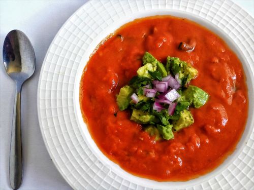 Chilled Tomato Soup with Cucumber and Avocado